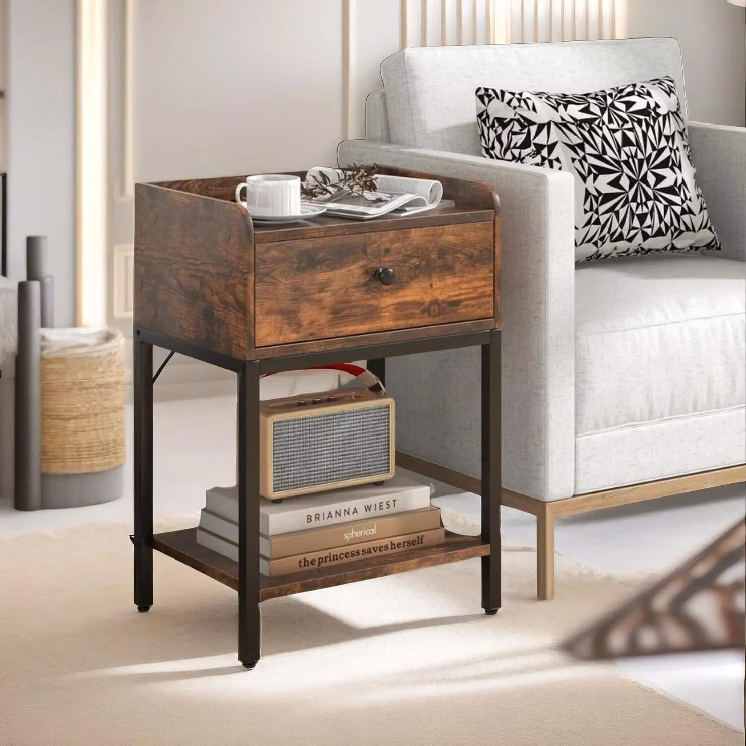 Pirlo Plush Bedside Table Nightstand with Drawer and Shelf, Rustic Brown, W/D/H: 30 x 30 x 60 cm – 2