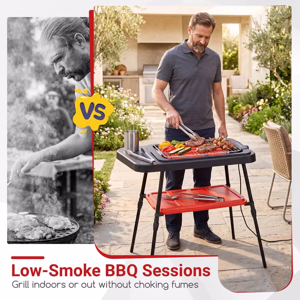 Costway 1500W 2-in-1 Electric BBQ Grill with Detachable Stand and Dual Plates, Black – 9