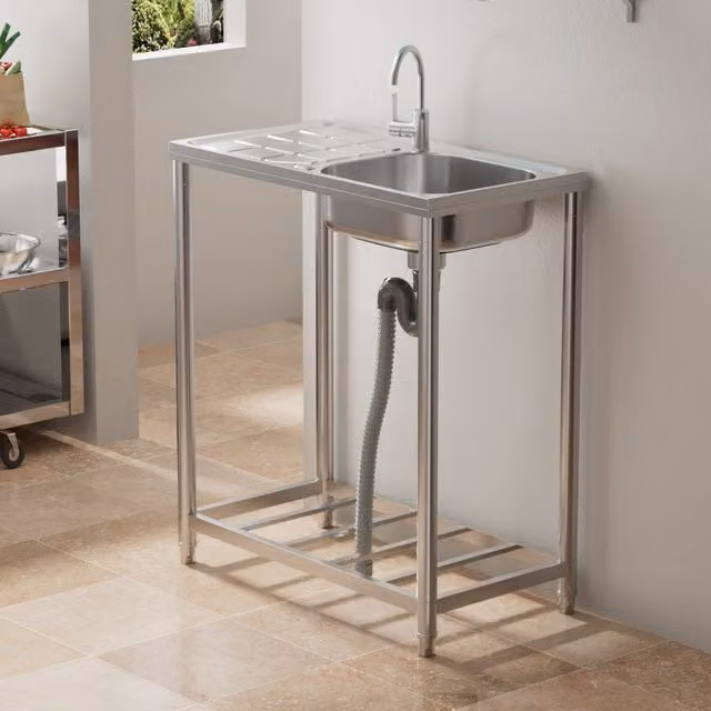 Livingandhome Free Standing Stainless Steel Single Bowl Sink with Shelf in Silver