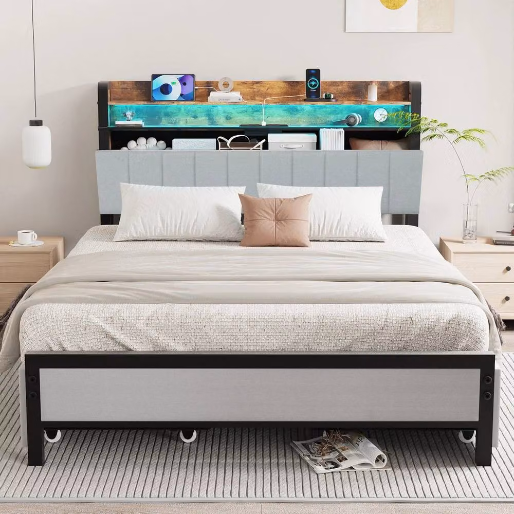 FLAVORA Metal Bed Frame with USB Charging Port in Grey, W/D/H: 140 x 200 cm – 2
