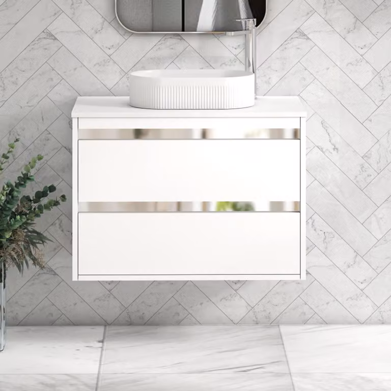 Royal Bathrooms Orion 800mm Matt White Wall Hung 2 Drawer Vanity Unit with Lyon Basin and Chrome Accent Trim