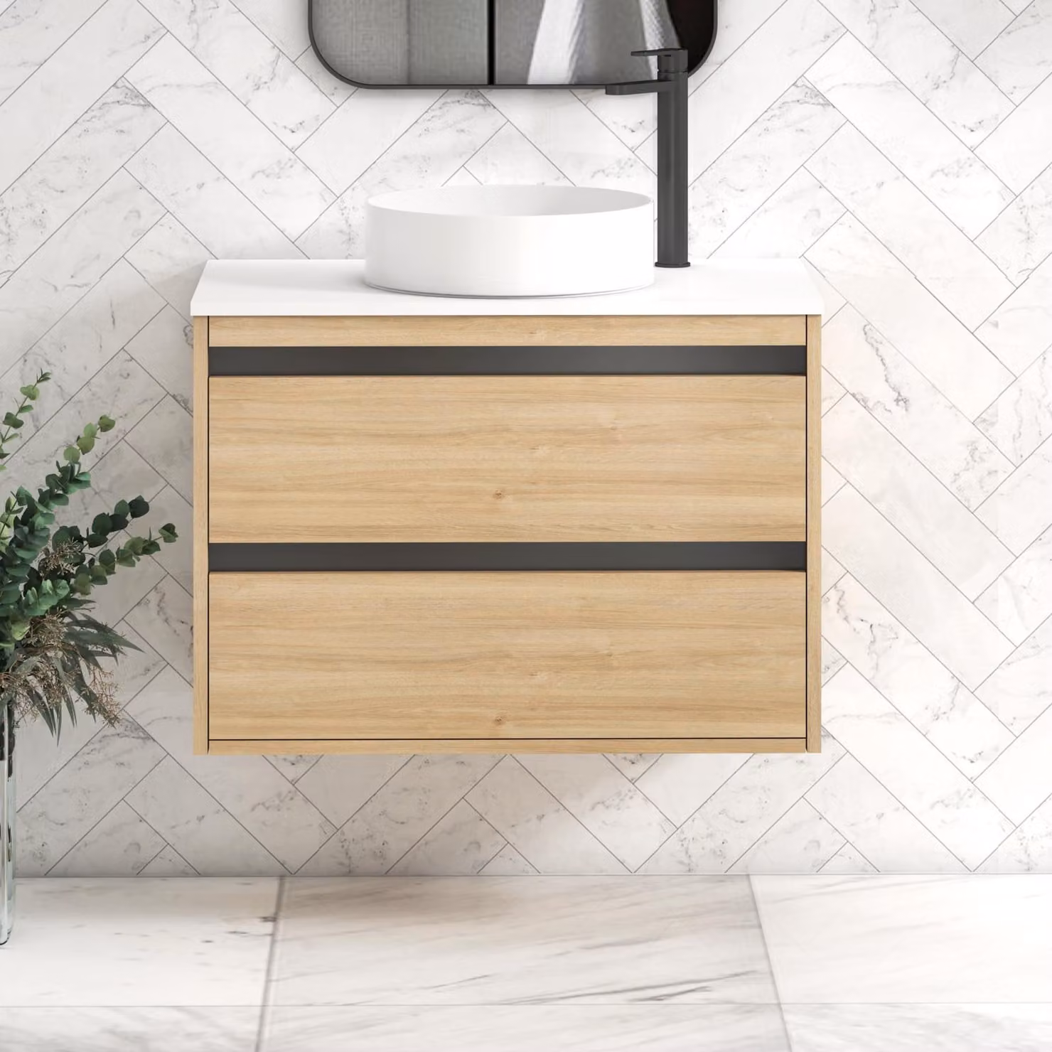 Royal Bathrooms Orion 800mm Natural Oak Wall Hung Vanity Unit with Plain White Countertop, 2 Drawers and Black Accent Trim