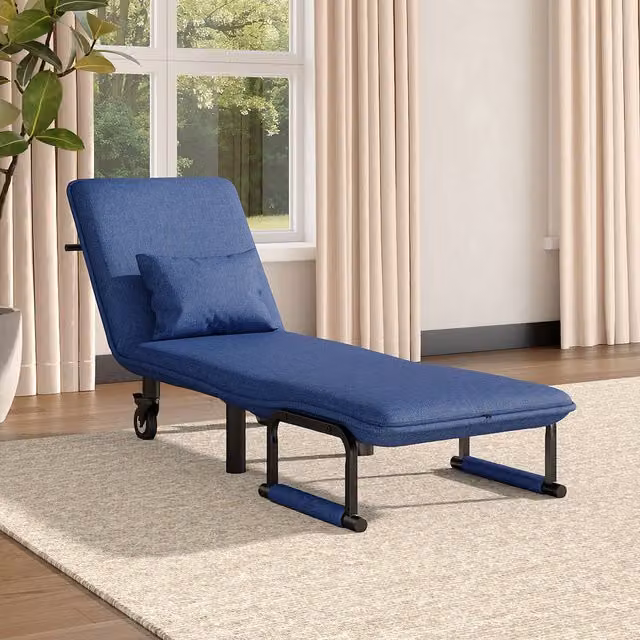 Livingandhome 3-in-1 Modern Lounge and Sofa Bed with Pillow in Dark Blue Linen