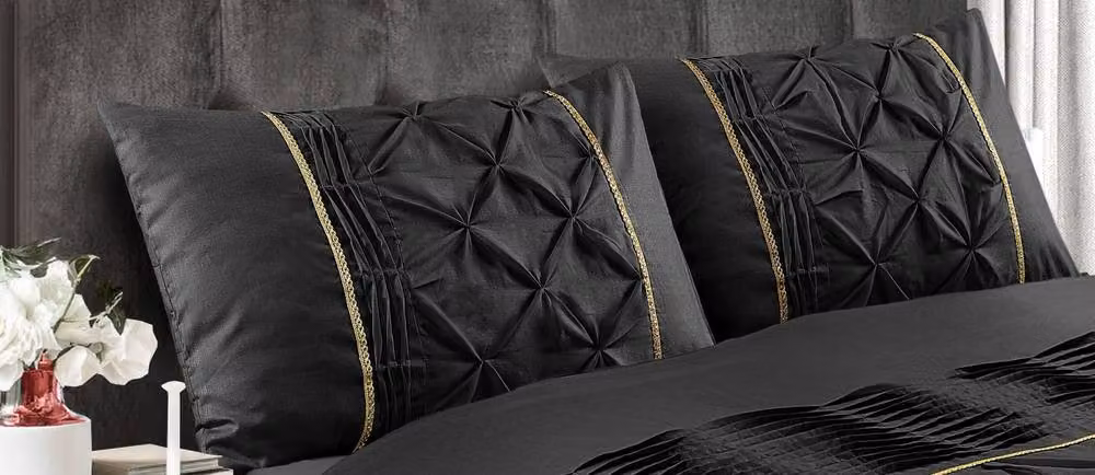 Homes-Linen Luxury Eleanor Pintuck Striped Duvet Cover Set in Black, W: 180 cm x D: 200 cm – 2
