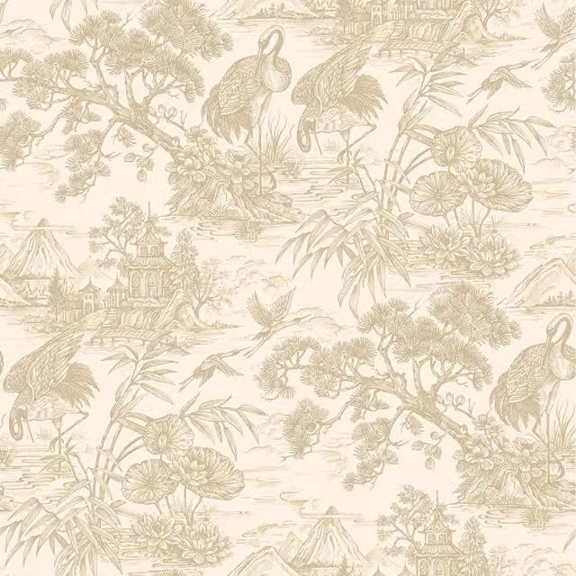 Holden Decor Crane Lagoon Birds Floral Metallic Wallpaper in Gold and Beige