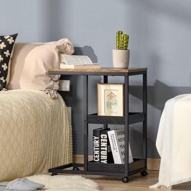 HOMCOM Industrial Mobile Sofa Side Table in Brown with Wood Finish and Castors