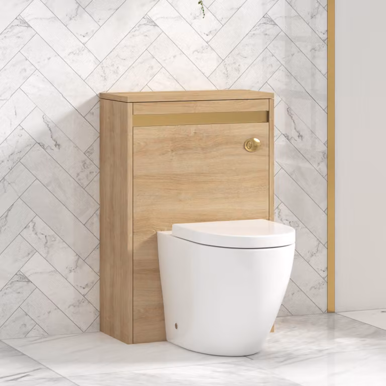 Royal Bathrooms Orion 540mm Natural Oak WC Unit with Elva Rimless Toilet Pan, Seat and Cistern with Brushed Brass Accent Trim