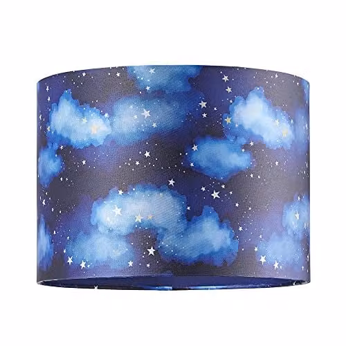 Happy Homewares Modern Round Fabric Childrens Drum Lamp Shade in Navy Blue with Gold Stars and White Clouds, Diameter: 25 cm