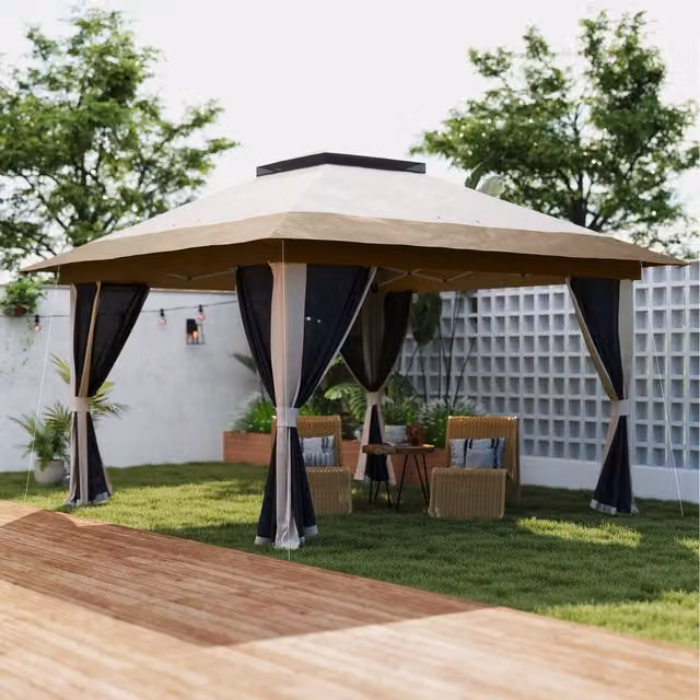 Outsunny Pop Up Gazebo with Mesh Sides and Sand Bags, Beige, W x D: 360 x 360 cm