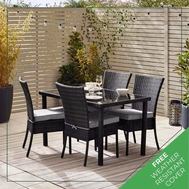 FurnitureboxUK Bali 4 Seat Rattan Outdoor Dining Set with Glass Top in Black and Brown
