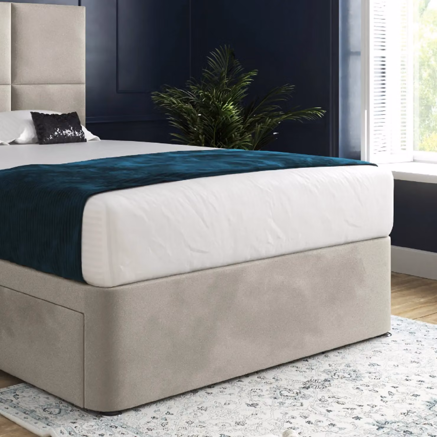 KDMD Caprio Upholstered Floorstanding Headboard and Divan Bed Frame with Drawers, Beige, W/D/H: 200 x 200 cm – 3