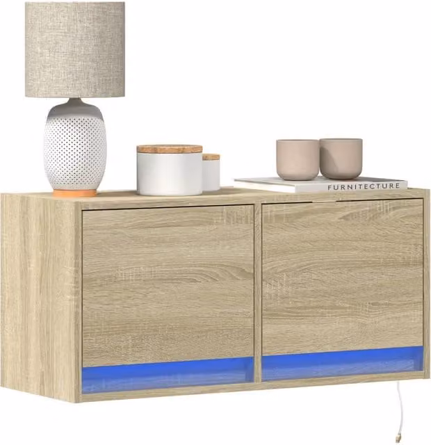 Berkfield Home TV Wall Cabinet with LED Lights in Sonoma Oak Brown, W/D/H: 80 x 31 x 35 cm – 1