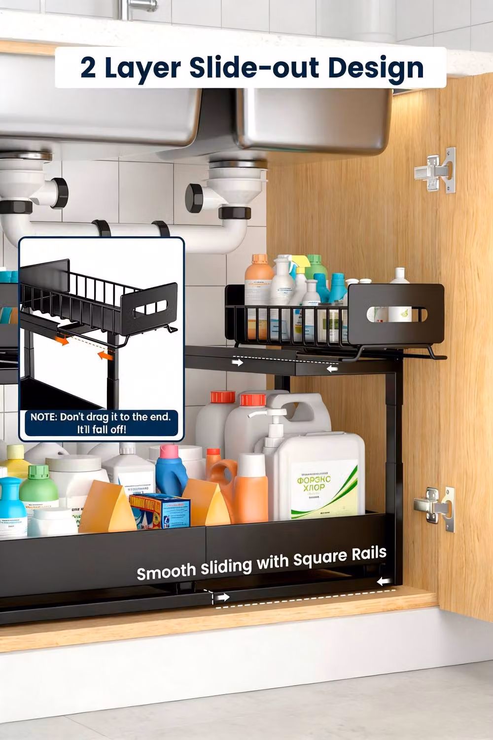 JANLEMNY 2-Tier Under Sink Pull-Out Sliding Storage Organiser in Matte Black – 6