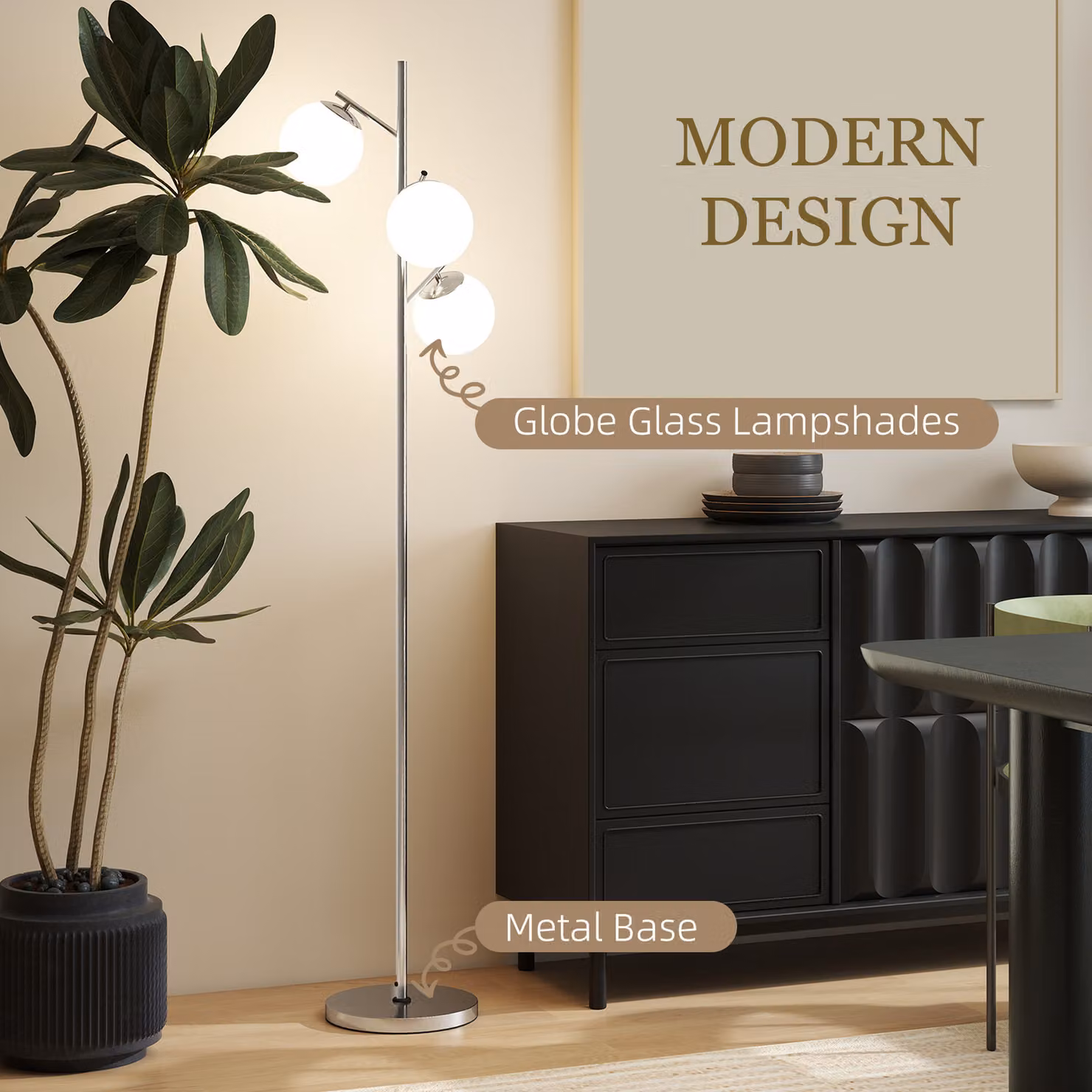 HOMCOM Modern 3-Light Tree Floor Lamp with Silver Metal Base and White Glass Globe Shades – 4
