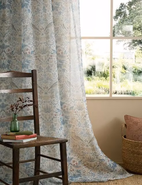 William Morris At Home Strawberry Thief Floral Voile Fabric Panel Curtains in Blue