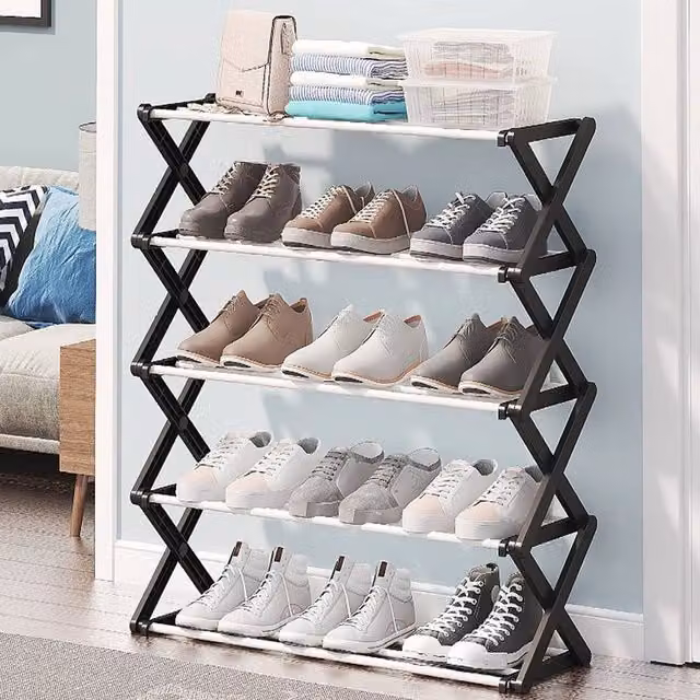 KORVIXA 5 Tier Foldable Metal Shoe Rack in Black and White, Width: 90 cm