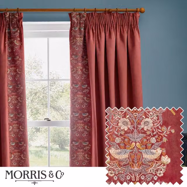 Morris & Co. Strawberry Thief Floral Embroidered Velvet Pencil Pleat Curtains in Red