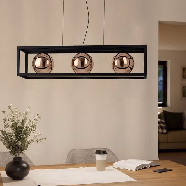 Eglo Cordoba Industrial Suspended Pendant Light with Tinted Glass and Black Steel in Black and Copper