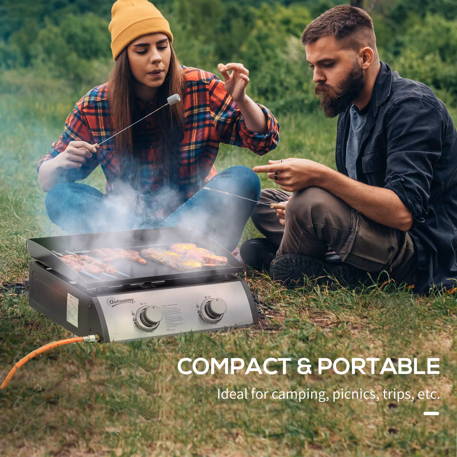 Outsunny Portable Tabletop Gas Plancha Barbecue Grill in Silver with Stainless Steel Burner and Piezo Ignition – 6