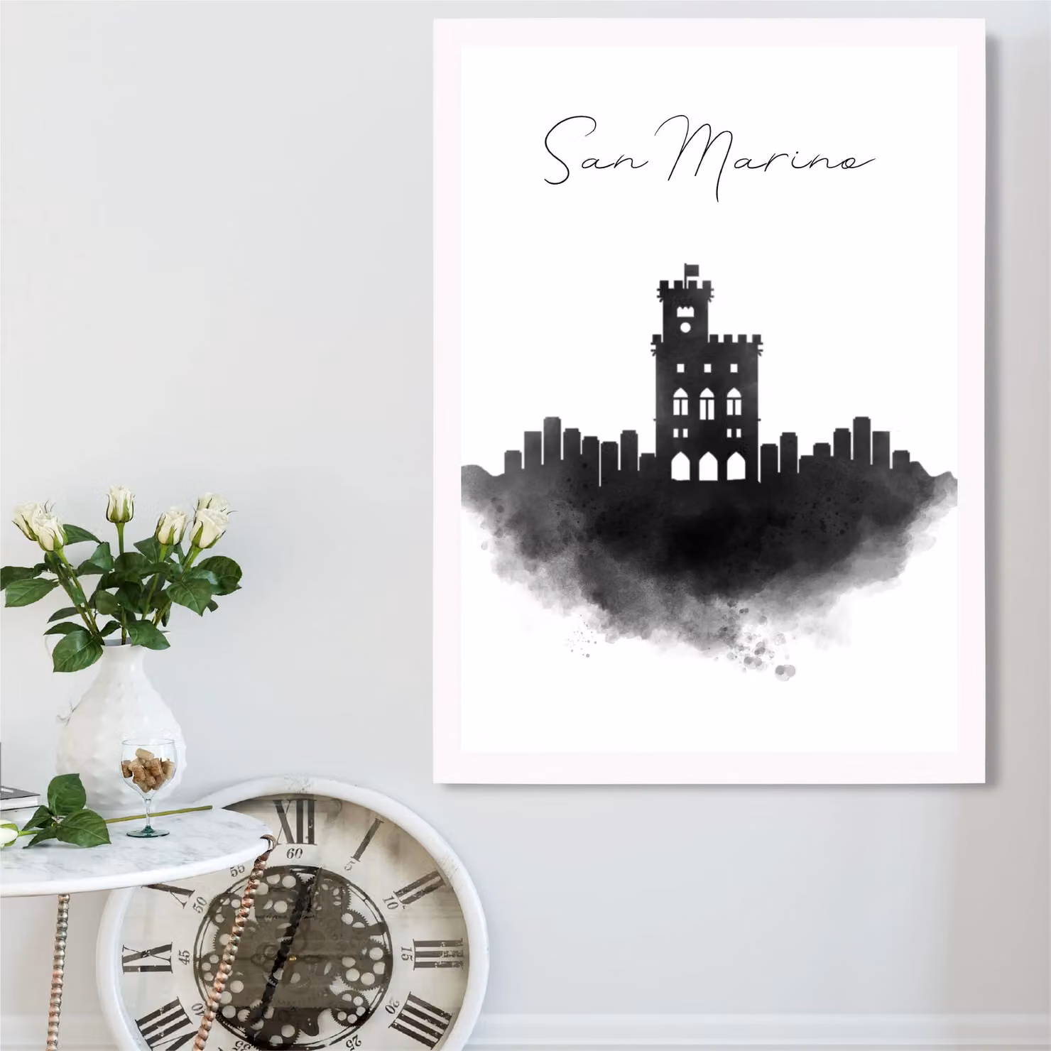 ARTZE San Marino Watercolour Skyline City Framed Print, Black and White, A3 – 2