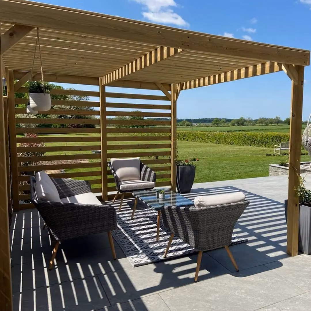 Rutland County Garden Furniture Ltd Shade Pergola in Wood and Steel, Rustic Brown and Light Green, W: 480 cm, D: 360 cm, H: 270 cm – 3