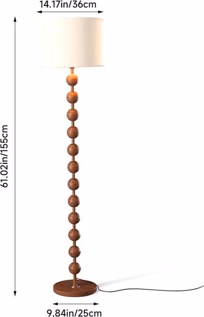 Livingandhome Modern Floor Lamp with Fabric Shade and Wood and Metal Base in Brown, H 155 cm x W 36 cm