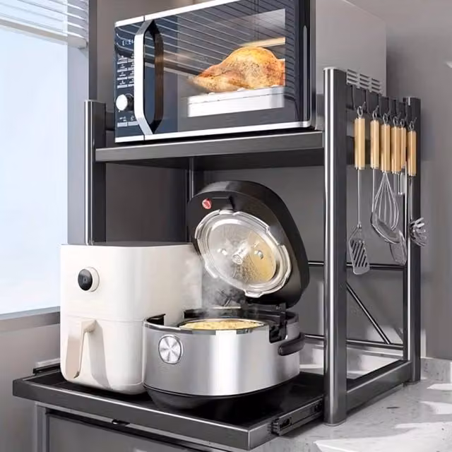 EONLION 2 Tier Expandable Microwave Oven Rack with Adjustable Shelves, Black – 1
