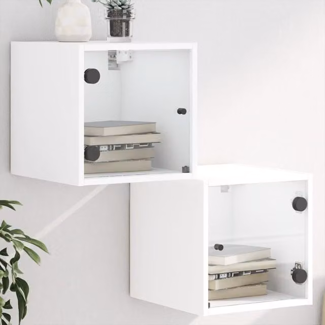 Berkfield Home Set of 2 White Bedside Cabinets with Glass Doors, W/D/H: 35 x 37 x 35 cm