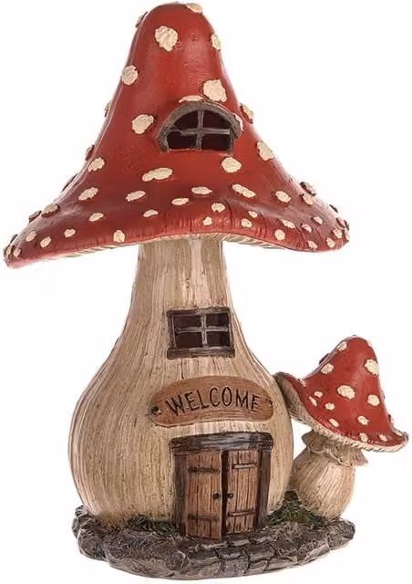 KDMD Secret Garden Mushroom House Tabletop Ornament in Brown and Red