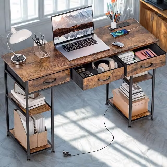FURNOS Industrial Computer Desk with Drawers and USB Outlets, Brown, W: 120 cm, D: 40 cm, H: 76 cm