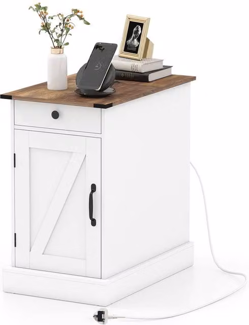 Gymax Farmhouse End Table with Charging Station and Cabinet in White – 1