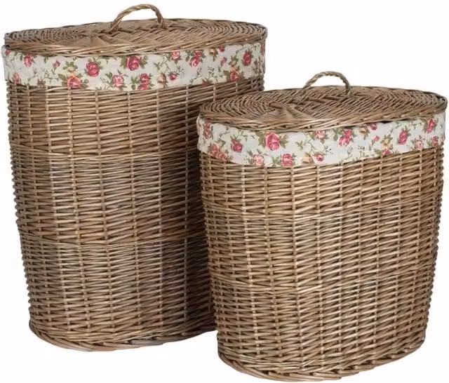 Red Hamper Set of 2 Antique Wash Garden Rose Oval Wicker Laundry Baskets with Cotton Linings and Handles in Brown and Red – 1