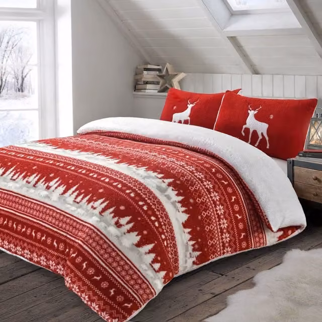VELOSSO Red Scandinavian Style Fleece Duvet Set and Pillowcase, W: 180 cm, L: 200 cm