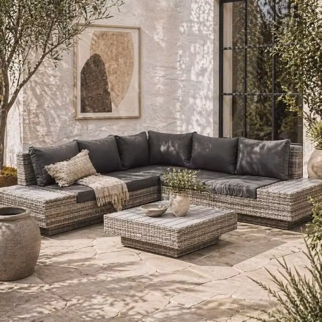 Wyld Haus Vaneno 4 Piece Rattan Outdoor Corner Sofa Set with Coffee Table in Light Grey – 1