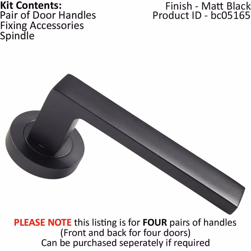 Loops 4 Pair Straight Square Handles with Round Rose and Concealed Fixings in Matt Black Finish – 2