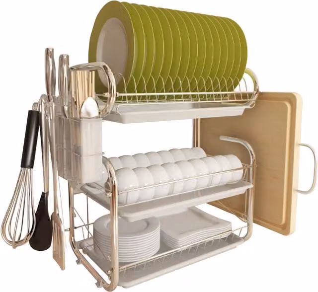 HomeScape 3-Tier Dish Drainer Kitchen Storage Rack and Drying Stand with Drip Tray, White