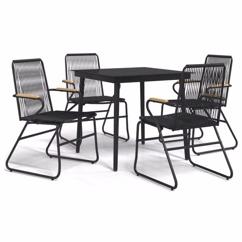 Berkfield Home Beautiful 5 Piece Black Rattan Garden Dining Set with Glass Top Table and Teak Wood Accents – 3