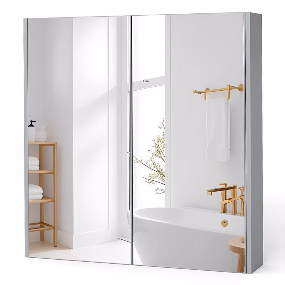 Costway Grey Wall Mounted Bathroom Storage Cupboard with Mirror and Internal Shelves – 3