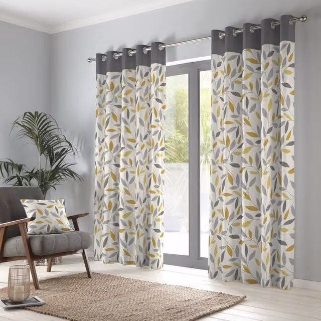 Fusion Beechwood Leaf Trail Cotton Eyelet Curtains in Yellow, Width: 117 cm, Drop: 183 cm