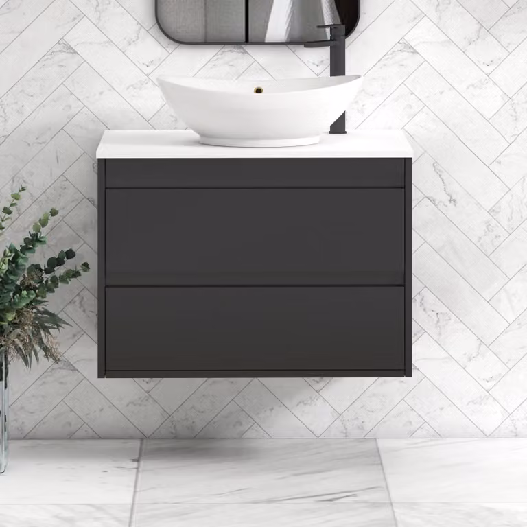 Royal Bathrooms Orion 800mm Wall Hung Vanity Unit with Amaze Basin in Matt Obsidian Black and White with 2 Drawers and Black Accent Trim