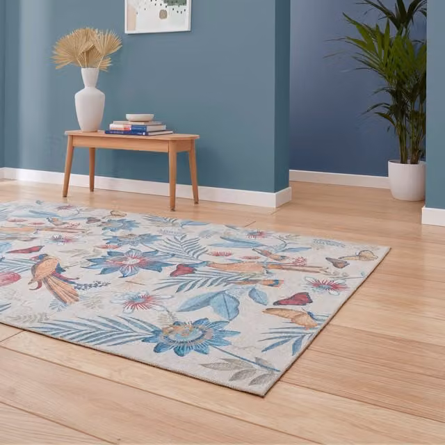 Catherine Lansfield Amaya Tropical Birds Washable Blue Multicolour Floral Flat Weave Rectangular Rug