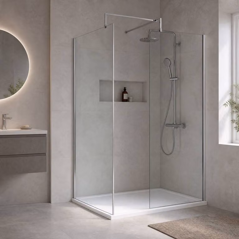 Balterley Walk-In Fixed Wetroom Screen with Rectangular Tray and Waste, Clear with Silver Trim, W: 120 cm, D: 70 cm