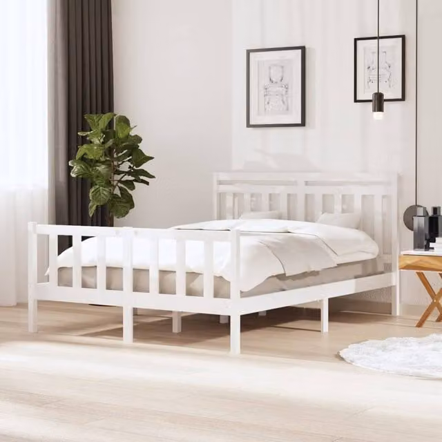 Berkfield Home King Size Solid Pine Wood Bed Frame in White, W/D/H: 150 x 200 cm