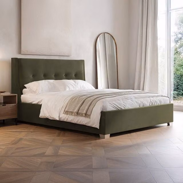 Flair Artemis Modern Upholstered Ottoman Bed with Velvet Cushioned Headboard, Green, W: 180 cm, D: 200 cm