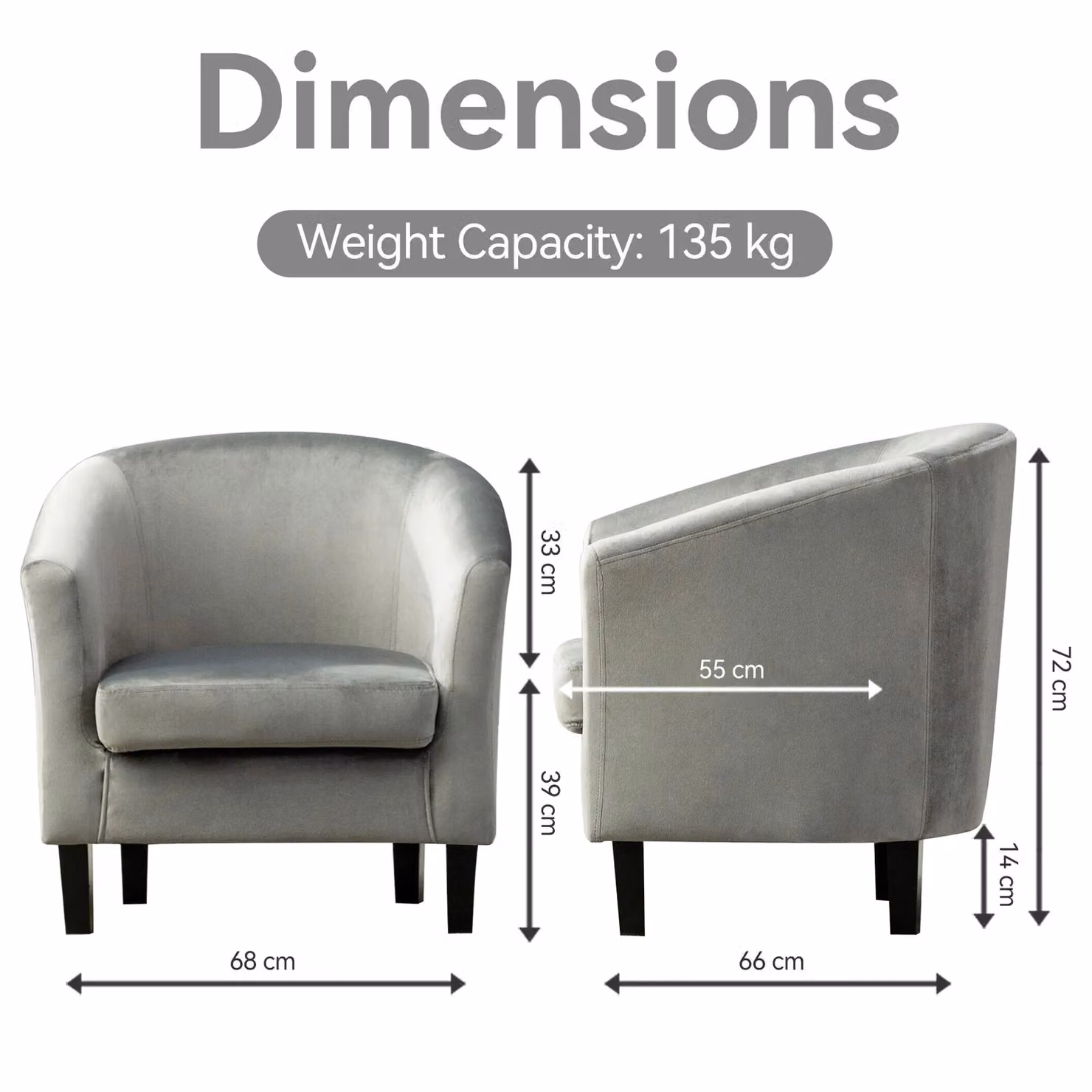 MCC Direct Grey Velvet Fabric Tub Chair with Armrests and Solid Wood Frame – 3
