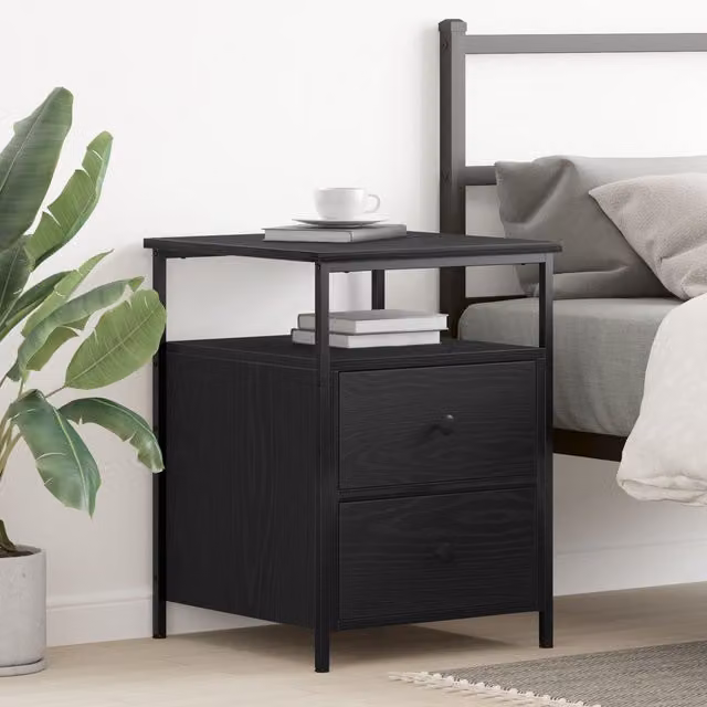 Berkfield Home Black Oak Bedside Cabinet in Engineered Wood and Steel, W/D/H: 44 x 45 x 60 cm – 1
