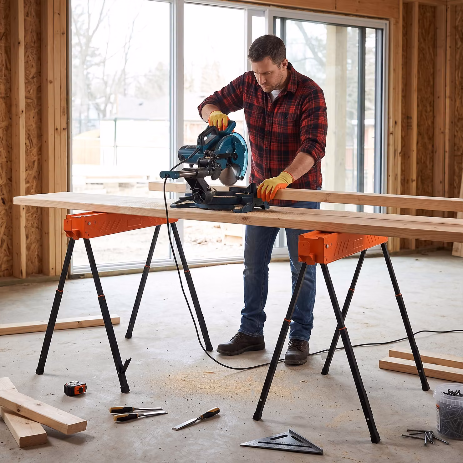 HOMCOM Twin Pack of Folding Orange Saw Horses with Height Adjustable Legs and 2x4 Bracket – 5