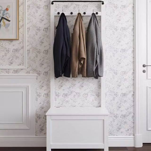 Nöa and Nani Karlstad Modern Hallway Bench with Shoe Rack and Coat Hooks in White