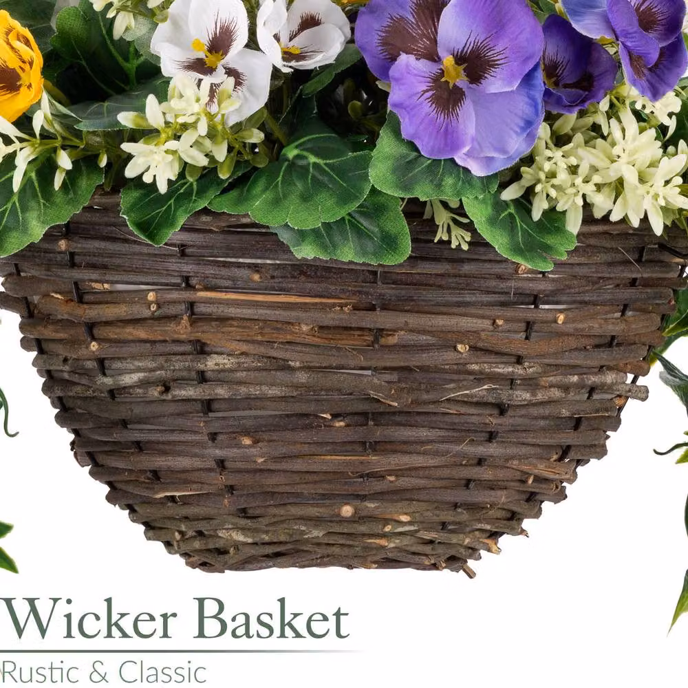 Christow Artificial Yellow Pansy Wicker Hanging Basket with UV Resistant Foliage, Diameter: 25 cm – 4