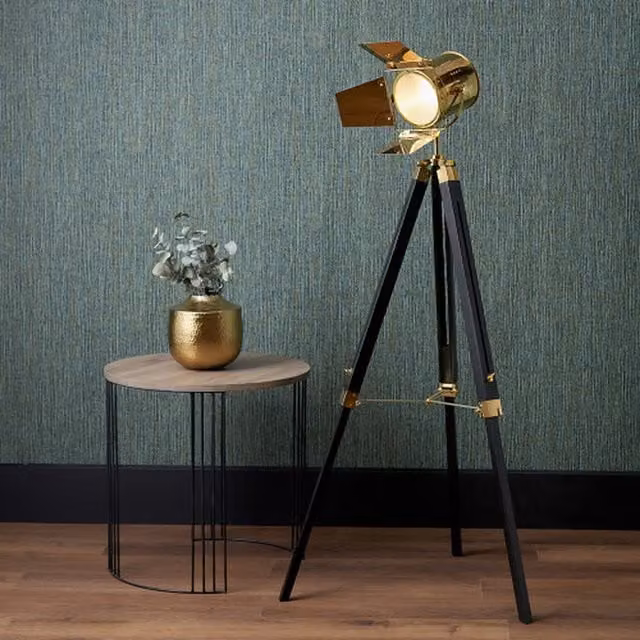 Pacific Lifestyle Tripod Floor Lamp with Cylinder Shade in Black, Wood and Gold/Brass